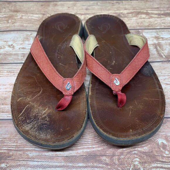 OluKai Pua Brown Red Leather Flat Flip Flop Sandals - Women's Size 8 US / 38 EU - Picture 9 of 10